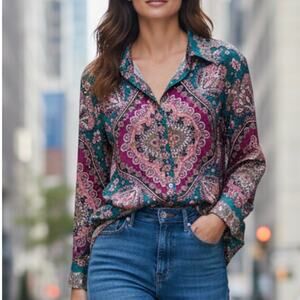 Zara Top Womens Large Slowly Printed Colorful Long Sleeve Satin Button Shirt